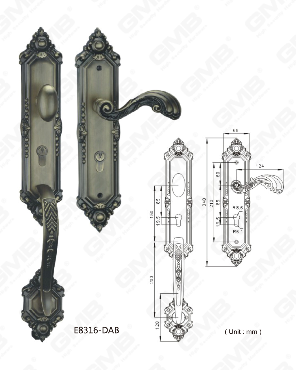 Hochsicherheits-Zinklegierung außerhalb des Villa-Türgriffs Dim Antique Brass Kundenspezifische Schlüsselnut (E8316-DAB)