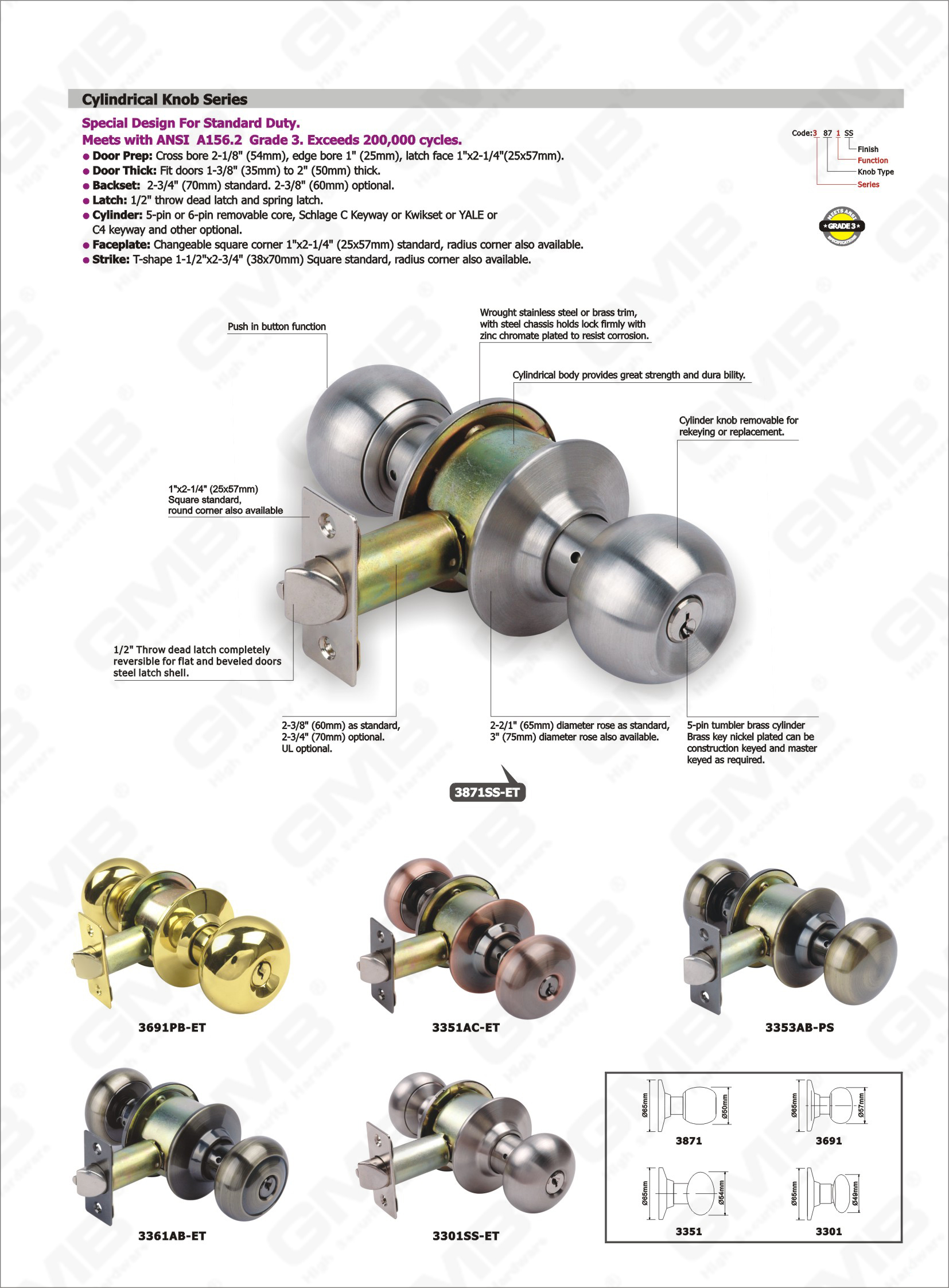 Zylinderknopf abnehmbar für die Wiederverschlüsselung oder Ersetzung Speziales Design ANSI Standard Zylindrischer Knopf-Lock-Serie (3301SS-ET)