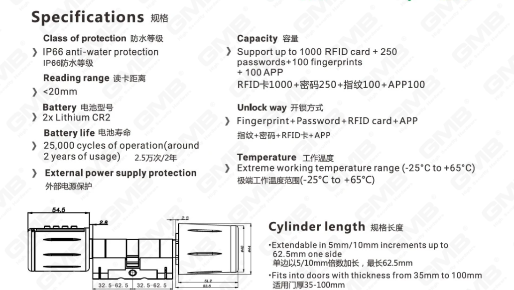 Hochsicherheit Multi-nicht-lockerische Wege IP66 Keyless Fingerabdruckkennwort RFIDWIFI Digital einstellbares modulares Profil Tuya/TT App Smart Electronic Door Lock Zylinder